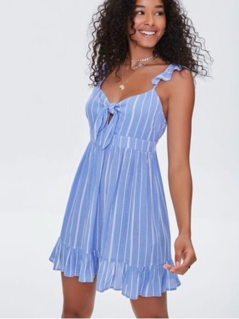 Forever 21 Light Blue & White Striped Tie-Front Mini Sundress
